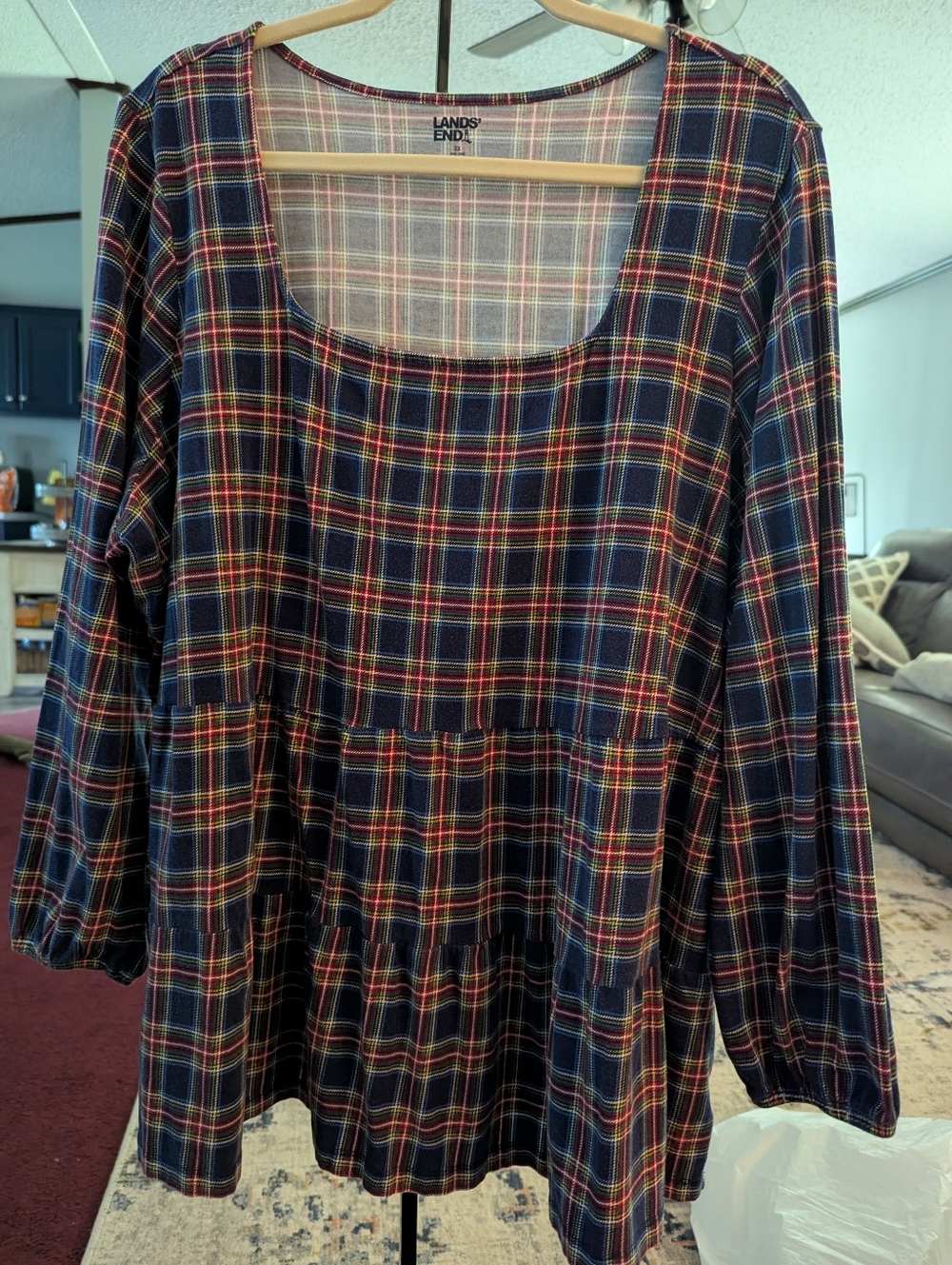 Lands' End Navy Plaid Peplum Tunic with Red & Yellow Accents
